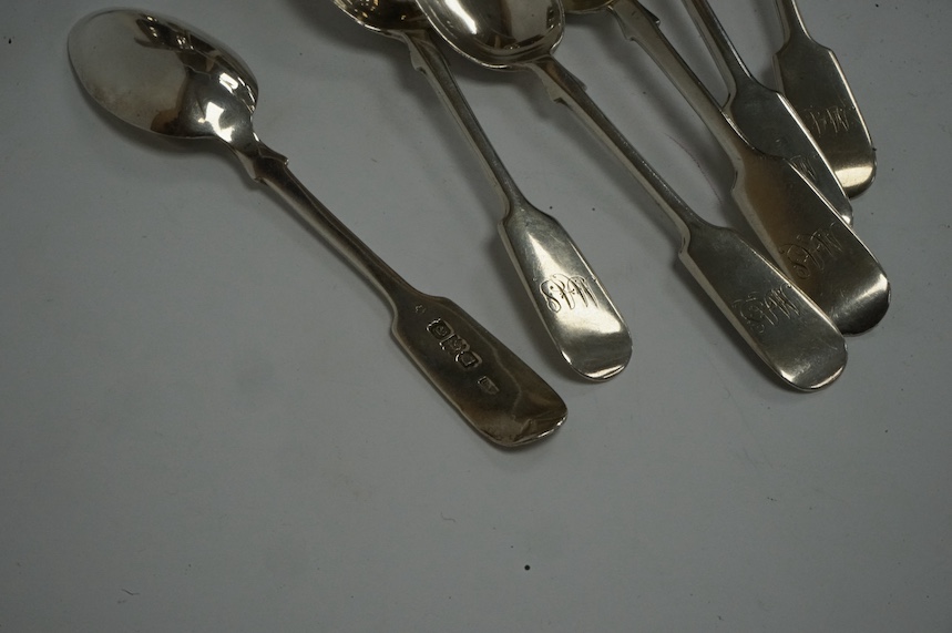 A set of late Victorian silver fiddle pattern teaspoons, by Josiah Williams & Co, London, 1896, together with two French white metal tots. Condition - fair